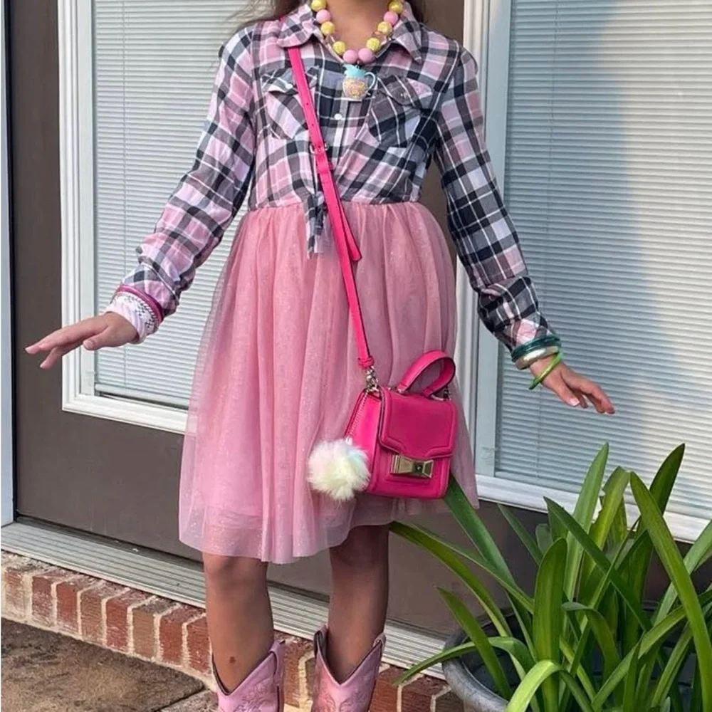 Girls Justice Pink / Black Plaid & Tulle Dress Size Medium 7 / 8 100% Polyester